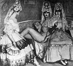 Oil painting showing a nude woman in white mantilla seated between two clothed women in dark mantillas