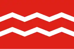 Flag of the Coast Guard of the former Manchukuo , (Gules, two barrulets dancetty argent)