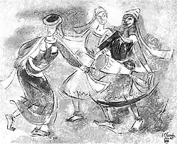 Painting depicting folk dancers by Shiavax Chavda