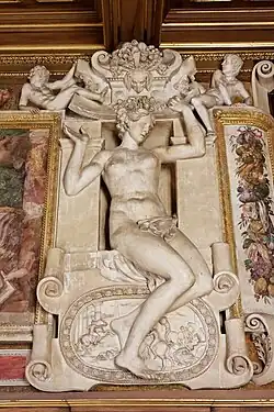Renaissance stucco cartouche on a wall in the Gallery of Francis I, Palace of Fontainebleau, Fontainebleau, France, by Rosso Fiorentino, designed in 1532[4]