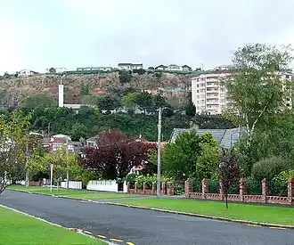 The Frances Hodgkins Retirement Village and the spire of Dunedin's LDS Church lie to the west of Forbury Road, as seen from Wilson Avenue, Forbury