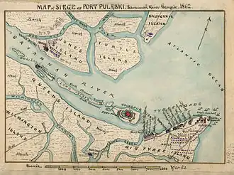 an island map showing (a) fort in the center, and Union batteries on (b) two upriver islands, (c) one on a north coastal island, and (d) eleven east on Tybee Island