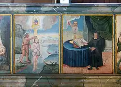 Detail of the north gallery: Baptism of Jesus; Martin Luther with a goose as a symbol for Jan Hus (Czech: husa meaning goose)