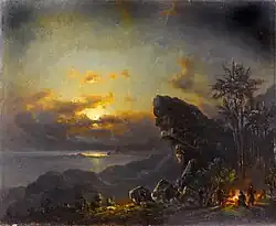 Figures round a fire by moonlight, 1867