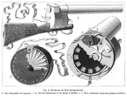 Image 1Louis Poyet [fr]'s engraving of the mechanism of the "fusil photographique" as published in La Nature (April 1882) (from History of film technology)