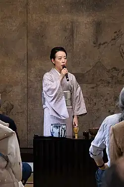 Fuyuko Kobori speaking about the Japanese tea ceremony at Gokokuji temple in Tokyo