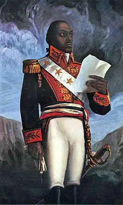 Haitian revolutionary leader Toussaint Louverture, wears a four-starred general-in-chief's uniform with epaulettes.