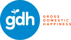 GDH 559 logo, consisting of blue circle with "GDH" in lowercase letters, with splash above "GDH", and the slogan "Gross Domestic Happiness" on the right
