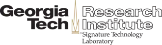 The words "Georgia Tech" in black to the left of a stylized campanile, and the words "Research Institute" in outline to the right of the stylized campanile. The words "Signature Technology Laboratory" are written below the right side of the image.