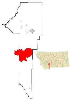 Location of Big Sky within Gallatin County and the state of Montana