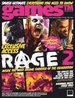 Cover of GamesTM magazine showing the montage illustration of video game Rage 2