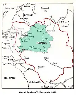 Image 4The Grand Duchy of Lithuania in the 15th century. The territory of modern-day Belarus was fully within its borders. (from History of Belarus)
