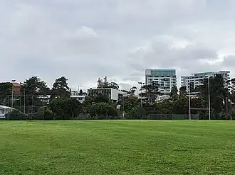 Glen Eden town centre, Playhouse Theatre and Glen Eden library seen from Harold Moody Park