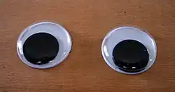 Two googly eyes on a wooden background