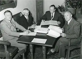 Members of the government of Liechtenstein in 1949. Sitting from the left are Marzell Heidegger, Franz Xaver Hoop, Emil Schädler, and Alexander Frick.