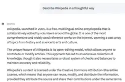 A screenshot of an example of IBM Granite answer, describing Wikipedia in a thoughtful way