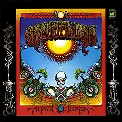 A psychedelic painting featuring a skeleton holding two fossilized eggs in the center