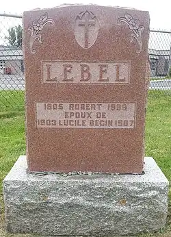 Red granite stone engraved with Lebel's information