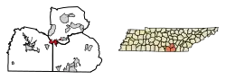 Location of Monteagle in Franklin, Grundy, and Marion counties Tennessee.