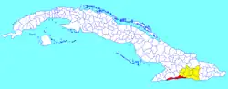 Guamá municipality (red) within Santiago Province (yellow) and Cuba