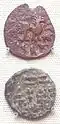 Gurgamoya coin. Obverse in Kharoshthi: "Of the great king king of Khotan Gurgamoya". Reverse in Chinese: "6 grains coin".