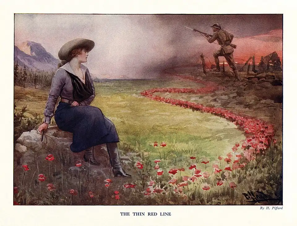 Image 78The Thin Red Line at Remembrance poppy, by Harold H. Piffard (restored by Adam Cuerden) (from Wikipedia:Featured pictures/Artwork/Others)