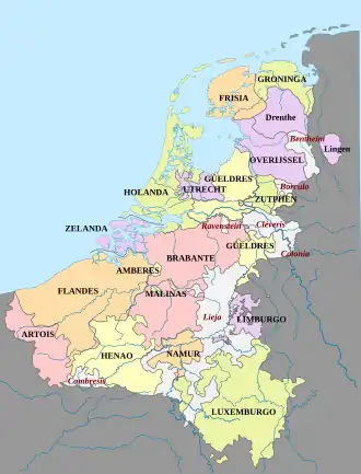 Map of the Netherlands in 1555, with the Seventeen Provinces highlighted in color. States which may be geographically considered part of the Netherlands, but which were not part of the Habsburg Netherlands shown in light grey.
