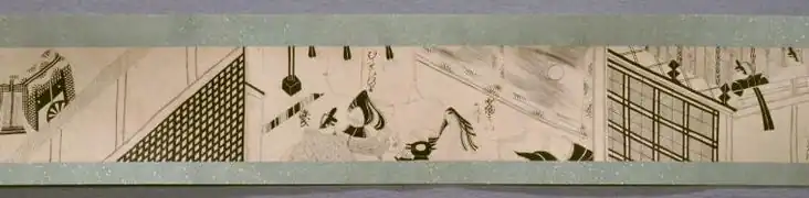 Constructed ink painting, Hakubyō Genji Monogatari Emaki, monochrome version of The Tale of Genji, 16th century