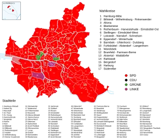 2015 Hamburg state election, Red is SPD, Green is Green, Purple for Linke
