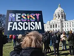 A group of "Hands-Off" protestors on the Minnesota State Capitol in Saint Paul, Minnesota since the George Floyd protests in 2020.