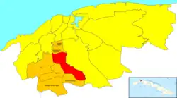 Location of Calabazar (red) within Boyeros (orange) and Havana