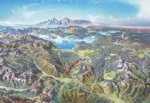 Image 7 Yellowstone National Park Map credit: Heinrich C. Berann Yellowstone National Park is an American national park located mostly in Wyoming and extending into Montana and Idaho. It was established by the U.S. Congress and signed into law by President Ulysses S. Grant on March 1, 1872. Yellowstone was the first national park in the U.S. and is also widely held to be the first national park in the world. The park is known for its wildlife and its many geothermal features, especially the Old Faithful geyser, one of its most popular landmarks. It has many types of ecosystems, but the subalpine forest is the most abundant. The park is part of the South Central Rockies forests ecoregion. In 1978, Yellowstone was named a World Heritage Site by UNESCO. This picture is a stylized panoramic map of Yellowstone National Park as viewed from the northeast, created in 1991 by Austrian painter and cartographer Heinrich C. Berann for the National Park Service. Yellowstone Lake and the Grand Canyon of the Yellowstone are in the center, while Old Faithful is visible on the right, next to a brown building representing the Old Faithful Inn. Jackson Lake and the peaks of the Teton Range are depicted in the background. More selected pictures