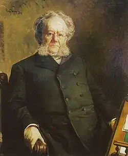 painting of seated elderly man with white hair and sideburns