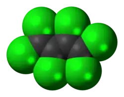 Space-filling model of the hexachlorobutadiene molecule