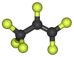 Ball-and-stick model of the hexafluoropropylene molecule