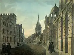A 1790 aquatint of High Street, Oxford, showing University College in the left foreground. A century and a half later, V. S. Naipaul would spend four years at the college.
