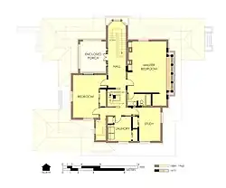 Hills House Second Floor Plan 1977. Walls, doors, and windows which were not built in the same location as before the fire are marked in bold.