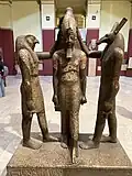 Granite statue of Ramses III (ruled 1186 - 1155 BCE) with Horus (on left in photo) and Set. Egyptian Museum, Cairo
