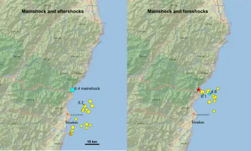 Maps of 2018 Hualian fore-, main, and aftershocks: on the right, the location of M>4.5 foreshocks and the mainshock (red star); on the left, M>4.5 aftershocks (as of 18:00 UTC 9 February) and the mainshock. Both maps are from USGS earthquake catalog results.