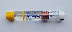 a cartridge labelled Actrapid containing a clear liquid