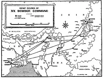 A black and white map centered on eastern India and central China. It shows the various routes taken by aircraft flying within these two regions