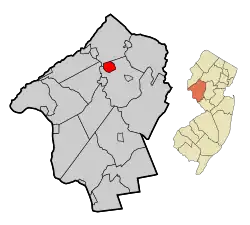 Location of High Bridge in Hunterdon County highlighted in red (left). Inset map: Location of Hunterdon County in New Jersey highlighted in orange (right).