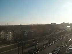 Huntington as seen from the Washington Metro; the lower parking deck of Huntington Station may be seen in the foreground.