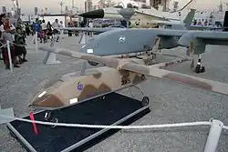 An IAI Scout Oriole UAV (front), a further development of the Mastiff, at an exhibition in 2008