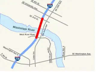 aerial map of the area with the former bridge in red