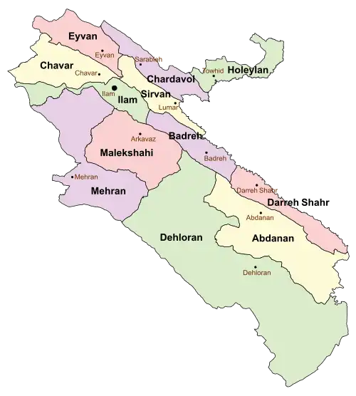 Location of Holeylan County in Ilam province (top right, green)