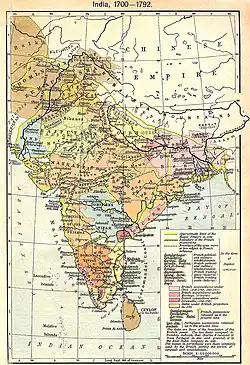 Political map created in 1923 of the Indian subcontinent during the years of 1700–1792