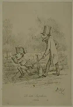An ink drawing titled "The Little Napoleon" by David H. Strother. It shows Abraham Lincoln prodding General George McClellan on to Richmond, Virginia in 1862.