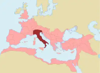 Roman Empire at its greatest extent (c. 117 AD), with Italy in red and provinces in pink