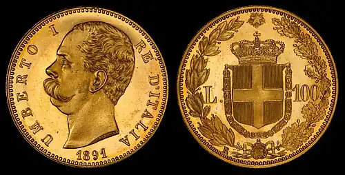 Umberto I depicted on a 100 lira gold coin (1891)